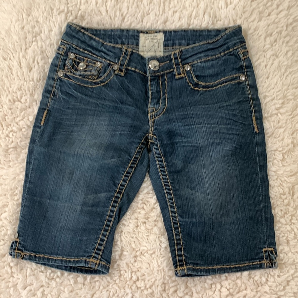 Vintage Y2K Bermuda Denim Shorts Embroidered Stitching & Crystal Buttons